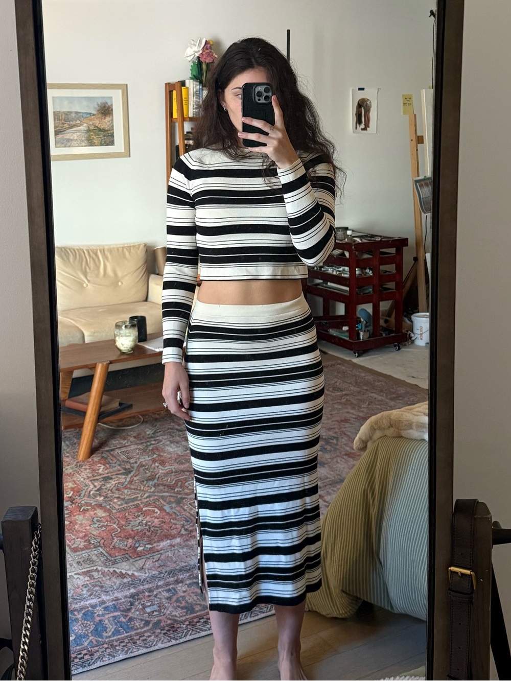 Striped Black and White Midi Skirt Set - Women's Two-Piece